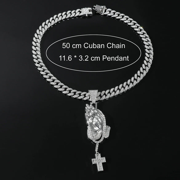 Men's Hiphop Alloy Jewelry With Pray Hand Cross And Geometric Diamond Design Cuban Chain Necklace