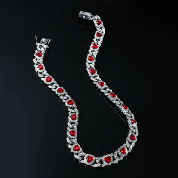 Men's Hiphop Alloy Love Heart Diamond Cuban Chain Necklace And Bracelet Jewelry