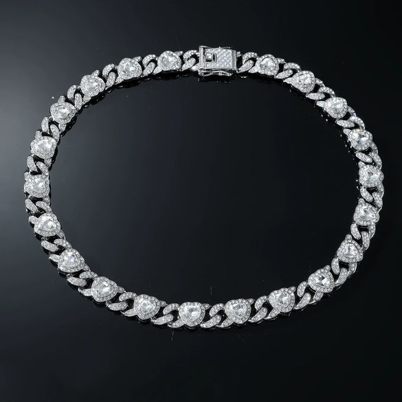 Men's Hiphop Alloy Love Heart Diamond Cuban Chain Necklace And Bracelet Jewelry
