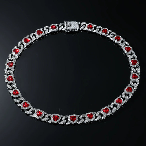 Men's Hiphop Alloy Love Heart Diamond Cuban Chain Necklace And Bracelet Jewelry