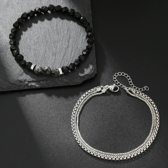 Men's Hiphop Black Gold Chain Geometric Handmade Stretch Bracelet