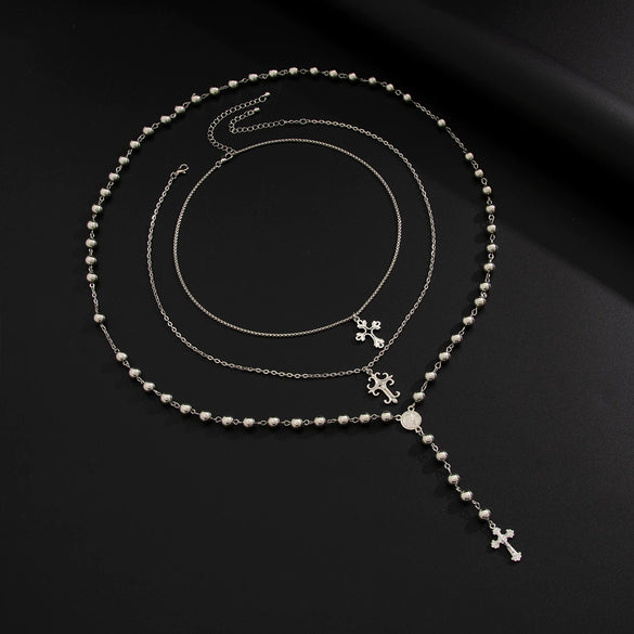 Men's Hiphop Cross Necklace Alloy Geometric Pattern Handmade Round Beads Regular Chain Jewelry