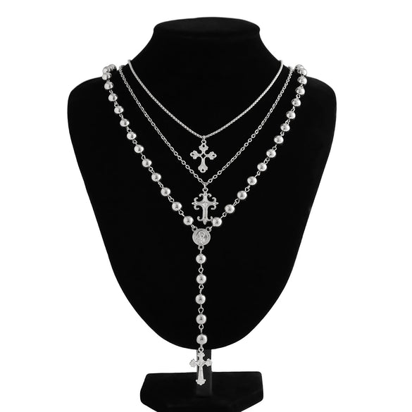 Men's Hiphop Cross Necklace Alloy Geometric Pattern Handmade Round Beads Regular Chain Jewelry