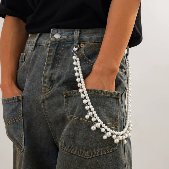 Men's Hiphop Fashion Pants Chain With Imitation Pearls Handmade Beads Alloy Belt Buckle Highend Matching Accessories