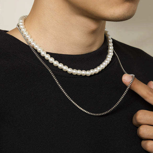 Men's Hiphop Geometric Box Chain Imitation Pearl Doublelayer Necklace