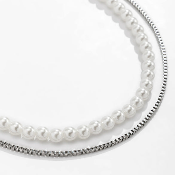 Men's Hiphop Geometric Box Chain Imitation Pearl Doublelayer Necklace