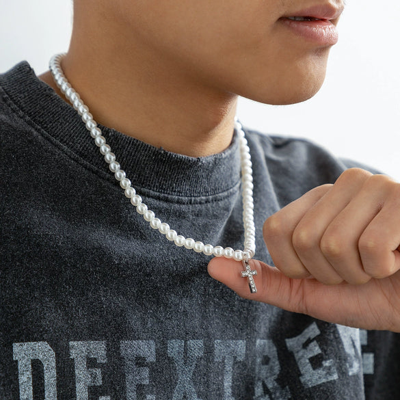 Men's Hiphop Handmade Alloy Pendant Imitation Pearl Ushape Cross Necklace