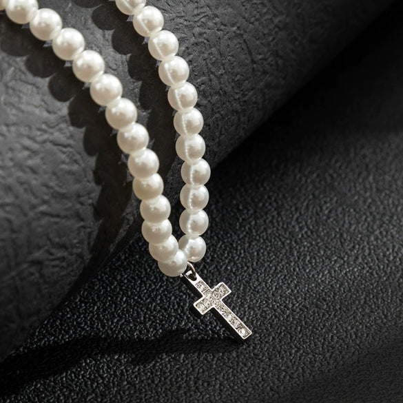 Men's Hiphop Handmade Alloy Pendant Imitation Pearl Ushape Cross Necklace