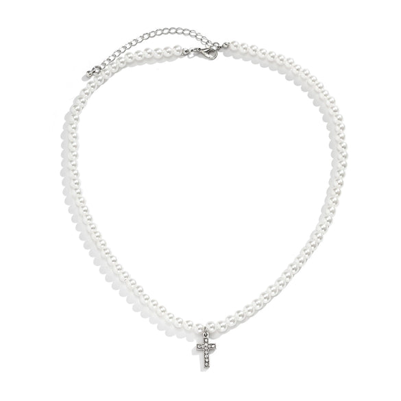 Men's Hiphop Handmade Alloy Pendant Imitation Pearl Ushape Cross Necklace