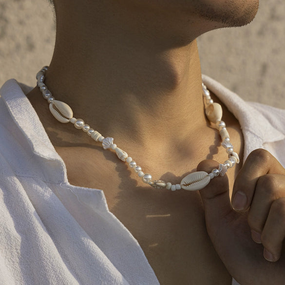 Men's Hiphop Imitation Pearl Shell Stitching Handmade Geometric Necklace Jewelry