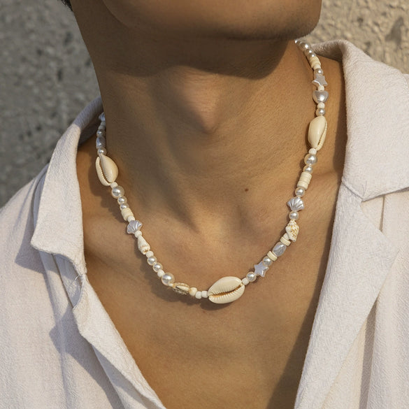 Men's Hiphop Imitation Pearl Shell Stitching Handmade Geometric Necklace Jewelry