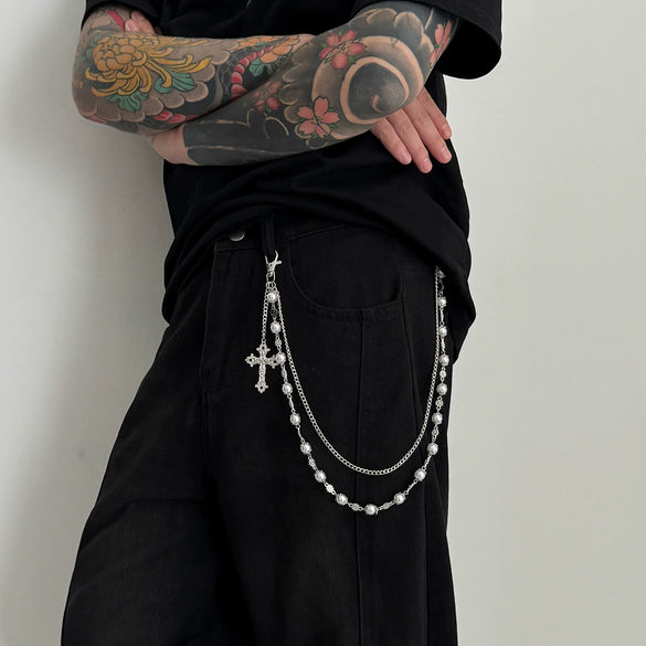 Men's Hiphop Metal Flower Pants Chain And Cross Pendant Accessories