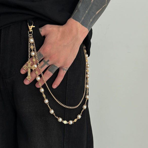 Men's Hiphop Metal Flower Pants Chain And Cross Pendant Accessories