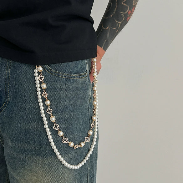 Men's Hiphop Metal Imitation Pearl Small Flower Diamondencrusted Pants Chain Pendant Jewelry