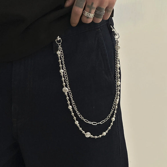 Men's Hiphop Metal Pants Chain Waist Accessories With Pearl Stitching