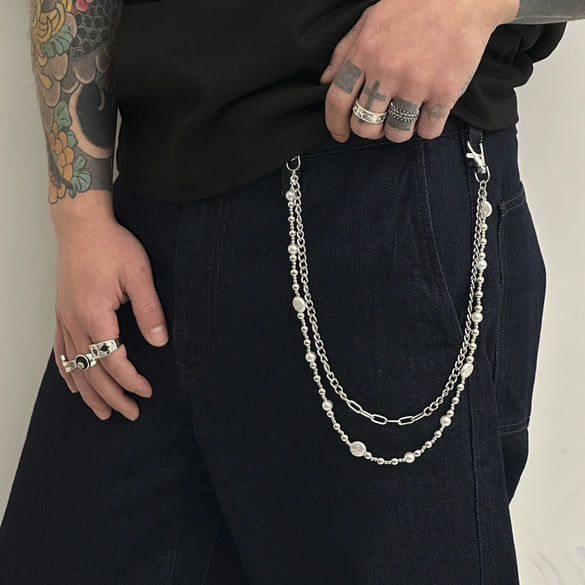 Men's Hiphop Metal Pants Chain Waist Accessories With Pearl Stitching