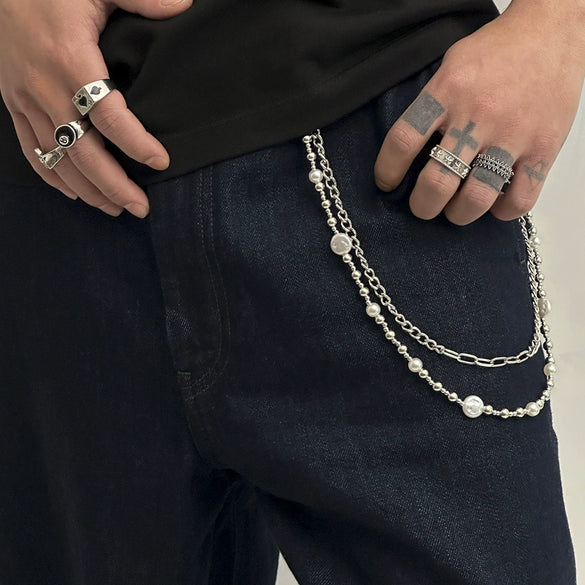 Men's Hiphop Metal Pants Chain Waist Accessories With Pearl Stitching