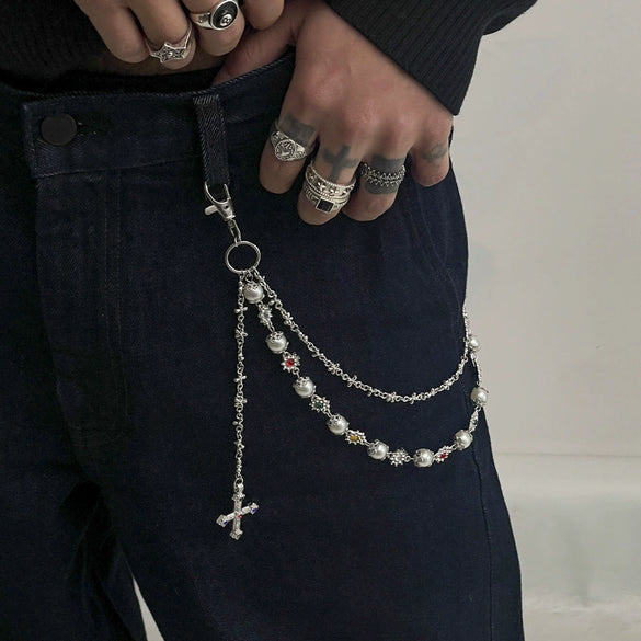 Men's Hiphop Metal Pants Chain With Cross Pendant Accessories