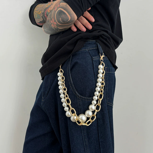 Men's Hiphop Metal Pants Chain With Large Pearl And Double Circle Design