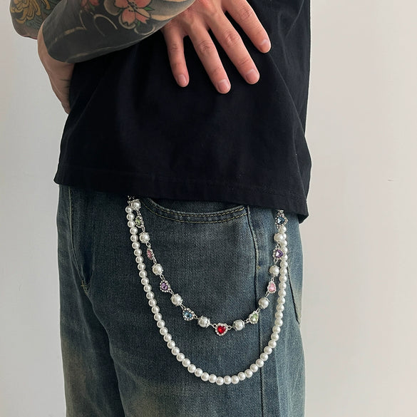 Men's Hiphop Metal Pearl Floret Pants Chain Waist Chain Accessories