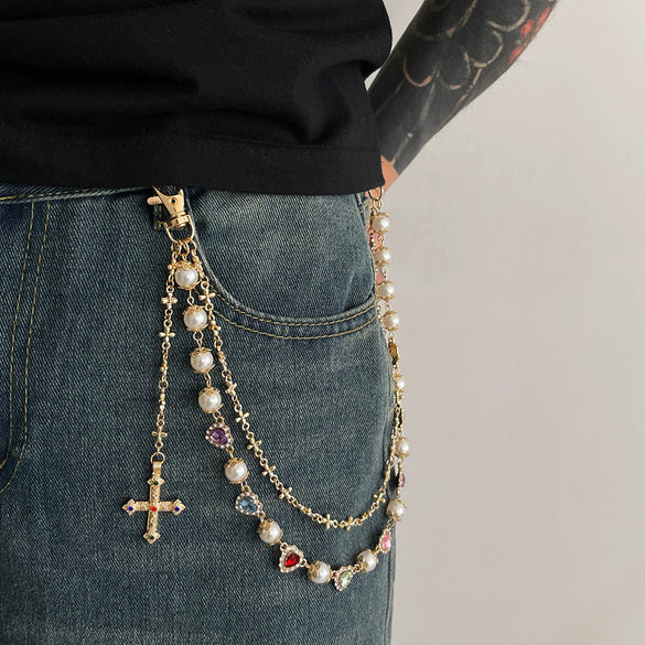 Men's Hiphop Metal Pearl Floret Pants Chain Waist Chain Accessories