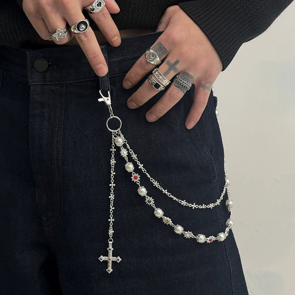 Men's Hiphop Metal Pearl Floret Pants Chain Waist Chain Accessories