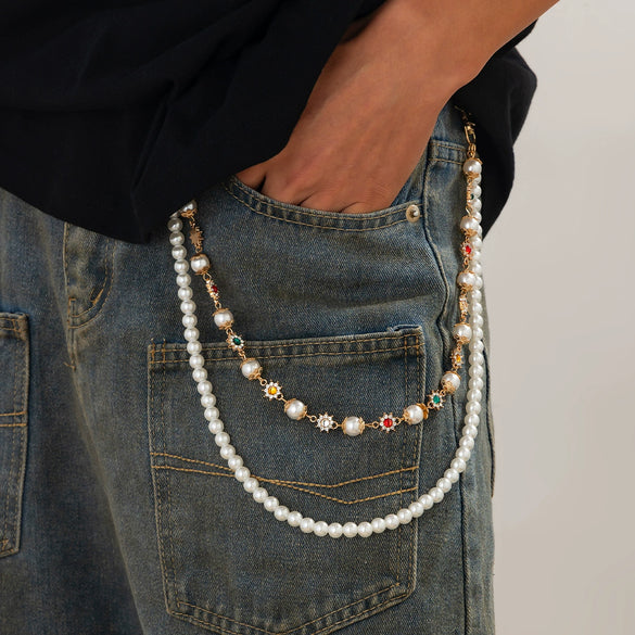 Men's Hiphop Metal Pearl Floret Pants Chain Waist Chain Accessories