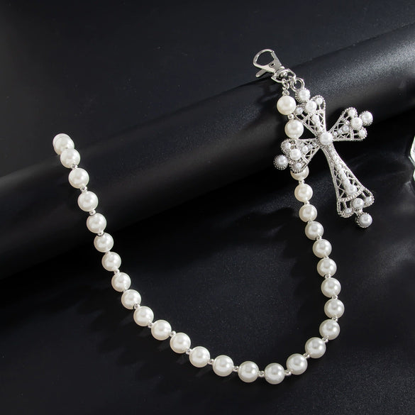 Men's Hiphop Metal Pearl Pants Chain With Cross Pendant Accessories