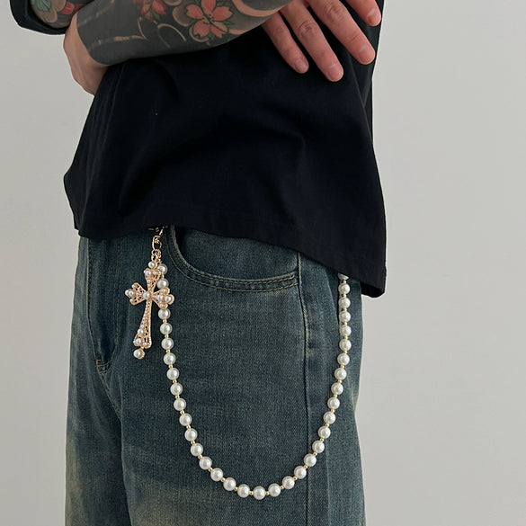 Men's Hiphop Metal Pearl Pants Chain With Cross Pendant Accessories