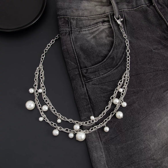 Men's Hiphop Metal Pearl Splicing Jeans Pendant Pants Chain Accessories