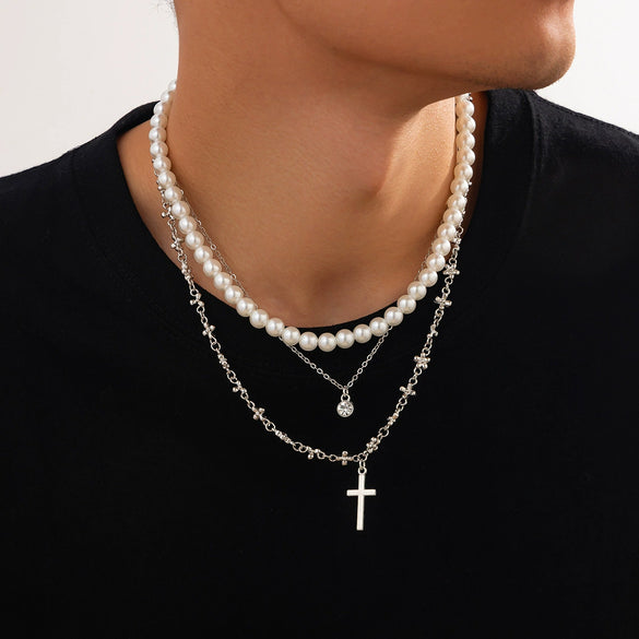 Men's Hiphop Niche Cross Necklace With Imitation Pearls And Alloy Pendant Geometric Pattern Handmade