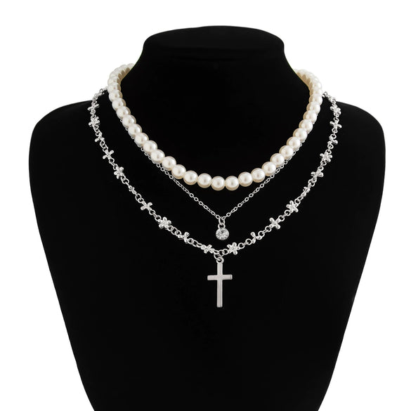 Men's Hiphop Niche Cross Necklace With Imitation Pearls And Alloy Pendant Geometric Pattern Handmade