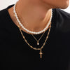 Men's Hiphop Niche Cross Necklace With Imitation Pearls And Alloy Pendant Geometric Pattern Handmade