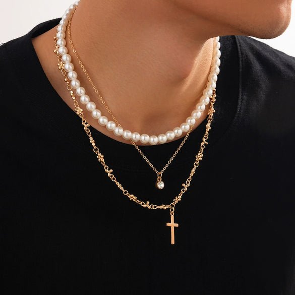 Men's Hiphop Niche Cross Necklace With Imitation Pearls And Alloy Pendant Geometric Pattern Handmade