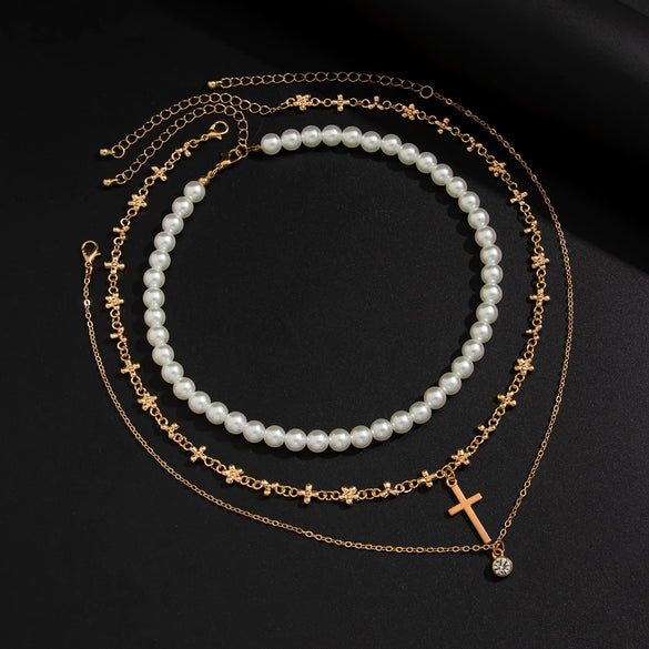 Men's Hiphop Niche Cross Necklace With Imitation Pearls And Alloy Pendant Geometric Pattern Handmade