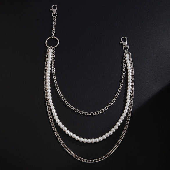 Men's Hiphop Niche Jeans Waist Chain Metal Pearl Stitching Cowboy Style High Street Accessories