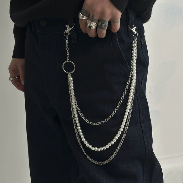 Men's Hiphop Niche Jeans Waist Chain Metal Pearl Stitching Cowboy Style High Street Accessories