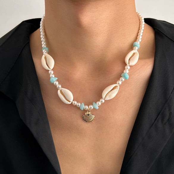 Men's Hiphop Niche Shell Necklace With Imitation Pearls And Geometric Pattern Handmade