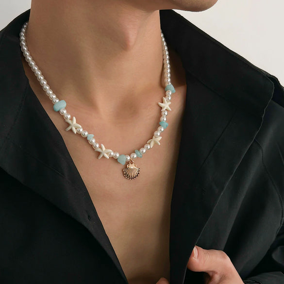 Men's Hiphop Niche Shell Necklace With Imitation Pearls And Geometric Pattern Handmade