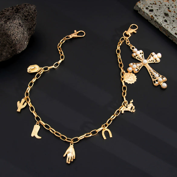 Men's Hiphop Punk Metal Pendant Waist Chain With Cross Crown Roman Numerals Electroplated