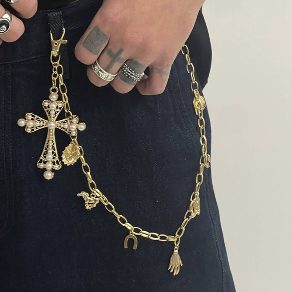 Men's Hiphop Punk Metal Pendant Waist Chain With Cross Crown Roman Numerals Electroplated