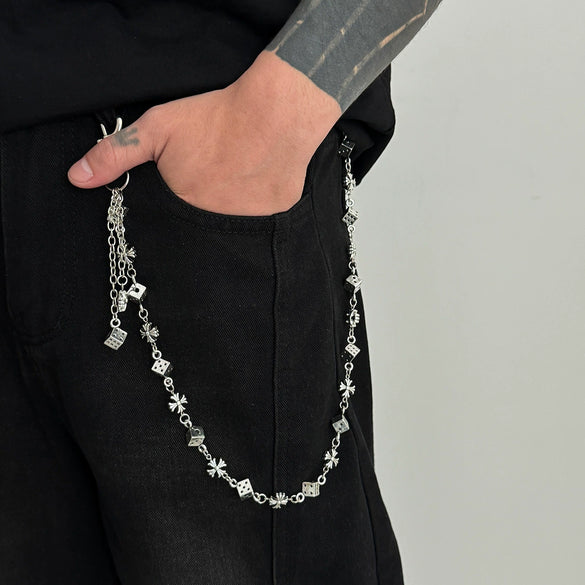 Men's Hiphop Retro Dice Splicing Metal Pearl Pants Chain Pendant