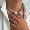 Men's Hiphop Specialshaped Imitation Pearl Geometric Fivepointed Star Tassel Clavicle Chain Handmade Alloy Jewelry