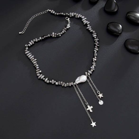 Men's Hiphop Specialshaped Imitation Pearl Geometric Fivepointed Star Tassel Clavicle Chain Handmade Alloy Jewelry