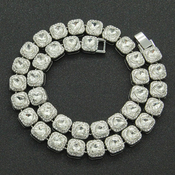 Men's Hiphop Style Alloy Cuban Chain Necklace With Geometric Pattern And Diamond Design Heart Shape
