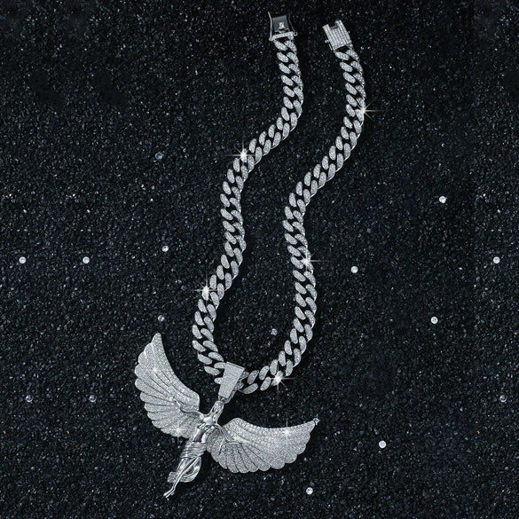 Men's Hiphop Style Exaggerated Angel Wings Pendant Necklace With Cuban Chain Zinc Alloy Electroplated Geometric Pattern