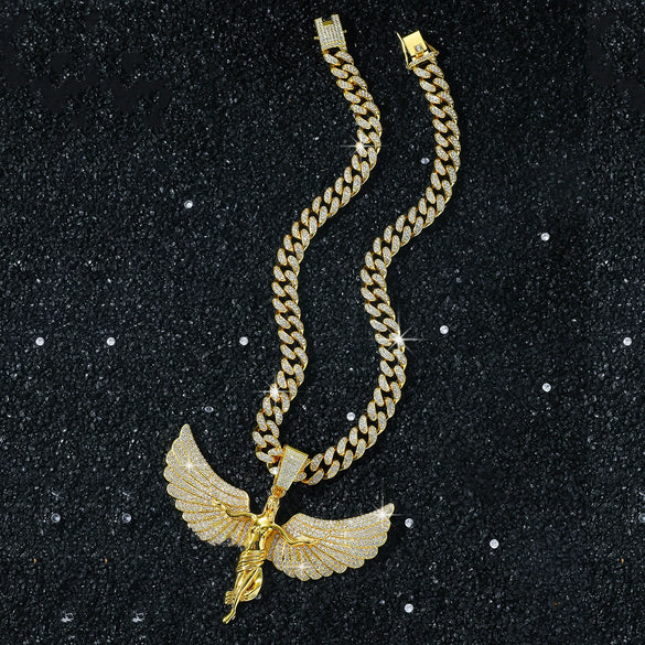 Men's Hiphop Style Exaggerated Angel Wings Pendant Necklace With Cuban Chain Zinc Alloy Electroplated Geometric Pattern