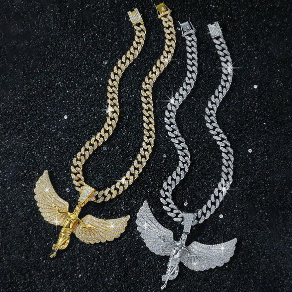 Men's Hiphop Style Exaggerated Angel Wings Pendant Necklace With Cuban Chain Zinc Alloy Electroplated Geometric Pattern