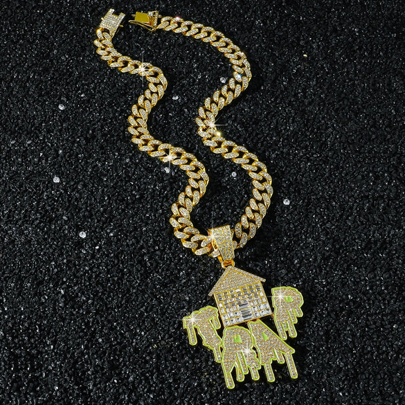 Men's Hiphop Style Zinc Alloy Cuban Chain Pendant Necklace With Diamond Pattern And Electroplating