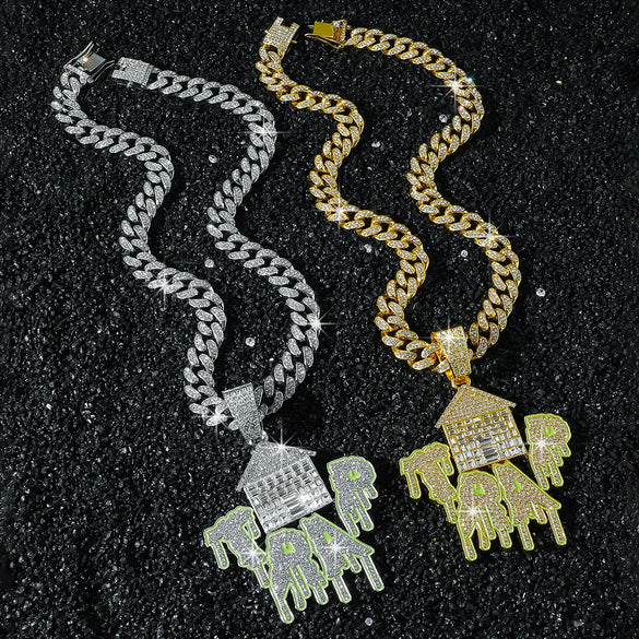 Men's Hiphop Style Zinc Alloy Cuban Chain Pendant Necklace With Diamond Pattern And Electroplating